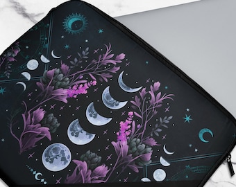 Violet Moon Phases Laptop Sleeve, Grimoire Witchy Gothic Laptop Travel Case, Whimsical Gift Dreamcore Occult Academia Tablet Cover Accessory