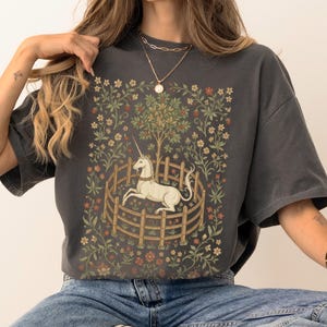 Unicorn in Captivity Shirt, Medieval Tapestry Unicorn Tee, Cottagecore Botanical Hunt of the Unicorn Inspired Shirt, Academia Art Lover Gift