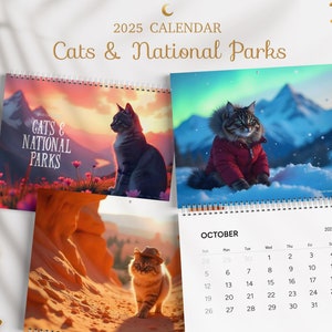 Updated 2027 Cats & National Parks Calendar, Outdoor Camping Illustrated Large Wall Calendar Monthly Planner, Hiking Gift for Cat Lovers