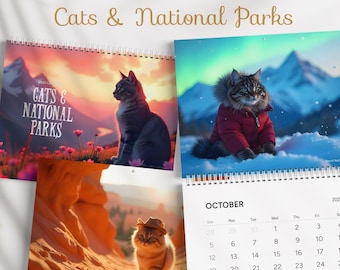 2026 Cats & National Parks Calendar, Outdoor Camping Illustrated Large Wall Calendar Monthly Hanging Planner, Hiking Gift for Cat Lovers