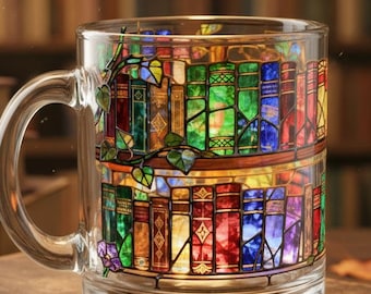 Mug en faux vitrail pour les amateurs de café et de livres, lecture, décoration d'étagère, bibliophile livresque, bibliothèque littéraire, cadeau, lecteurs