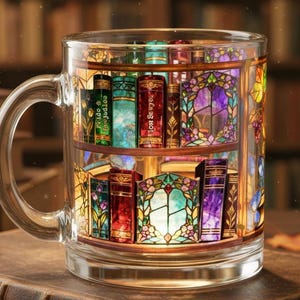 May include: A clear glass mug with a stained-glass library design, filled with colorful books. The mug sits on a large, antique book with a leather cover. The background features a blurred bookshelf and autumn leaves.