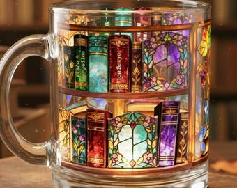 Personalized Faux Stained Glass Mug for Coffee and Book Lovers, Custom Bookshelf Decor Bookish Bibliophile Literary Library Gift Readers