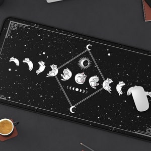 Funny Cat Moon Phases Mousepad, Celestial Desk Mat, Moon Lunar Chart, Stars Horoscope Desk Mat, Zodiac Extra Large, Kawaii Desk Decor