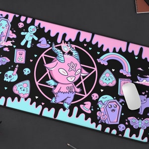 Baphomet Black Desk Mat, Pastel Goth Decor Harajuku Witchy Mat, Kawaii Mouse Pad, Extra Large Japanese Gaming Mouse Pad, Kawaii Desk Decor