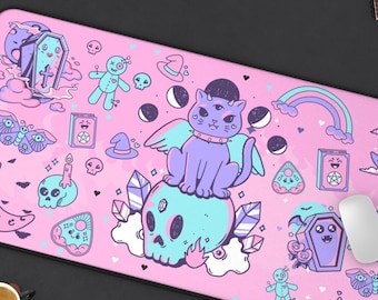 Harajuku Cat Pink Desk Mat, Pastel Goth Decor Witchy Mat, Kawaii Mouse Pad, Extra Large Japanese Gaming Mouse Pad, Kawaii Desk Decor