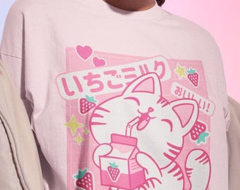 Cat with Strawberry Milk T-shirt, Funny Retro Japanese Kawaii Milk Carton, Otaku Aesthetic Anime Girl Shirt, Harajuku Pastel Goth Shirt