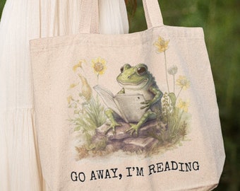 Frog Reading Canvas Tote Bag, Go Away I’m Reading Bookish Large Tote Literature, Cottagecore Toad Watercolor Wildflowers Book Lover Gift