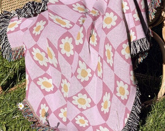 Checkered Cotton Woven Throw Blanket, Pink Blue Black Danish Pastel Decor, Daisy Boho Minimalist Couch Throw Checkboard Sustainable Blanket