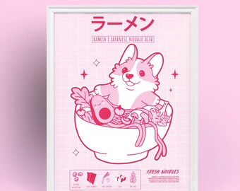 Japanese Wall Art Ramen Poster, Welsh Corgi Art Print, Dog Lover Gift, Retro Asian Pink Kitchen Wall Art, Kawaii Decor Housewarming Gift