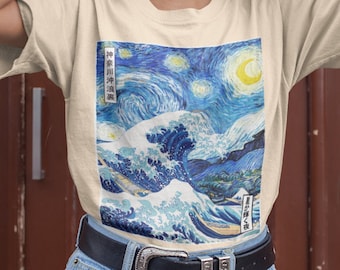 The Great Wave & Starry Night Collage Art Shirt, Japanese Shirt Aesthetic Art Clothing Retro Kanagawa Hokusai Van Gogh Clothing