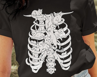 Cat Ribcage Shirt, Pastel Goth Clothing, Plus Size Goth, Soft Goth, Cat lady, Occult Shirt, Skeleton Shirt, Witchy Clothes, Pastel Kawaii