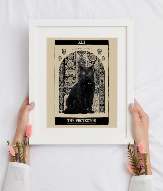 The Protector Tarot Cat Poster, Cat Lover Gift, Black Cat Art, Tarot Poster Black Cat Wall Decor Cat Mom Gift Vintage Poster Halloween Decor