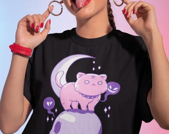 Harajuku Cat Pastel Goth Shirt, Pastel Goth Clothing, Crescent Moon Halloween Shirt, Cryptid Shirt, Kawaii Clothes, Kawaii Creepy Cute Shirt