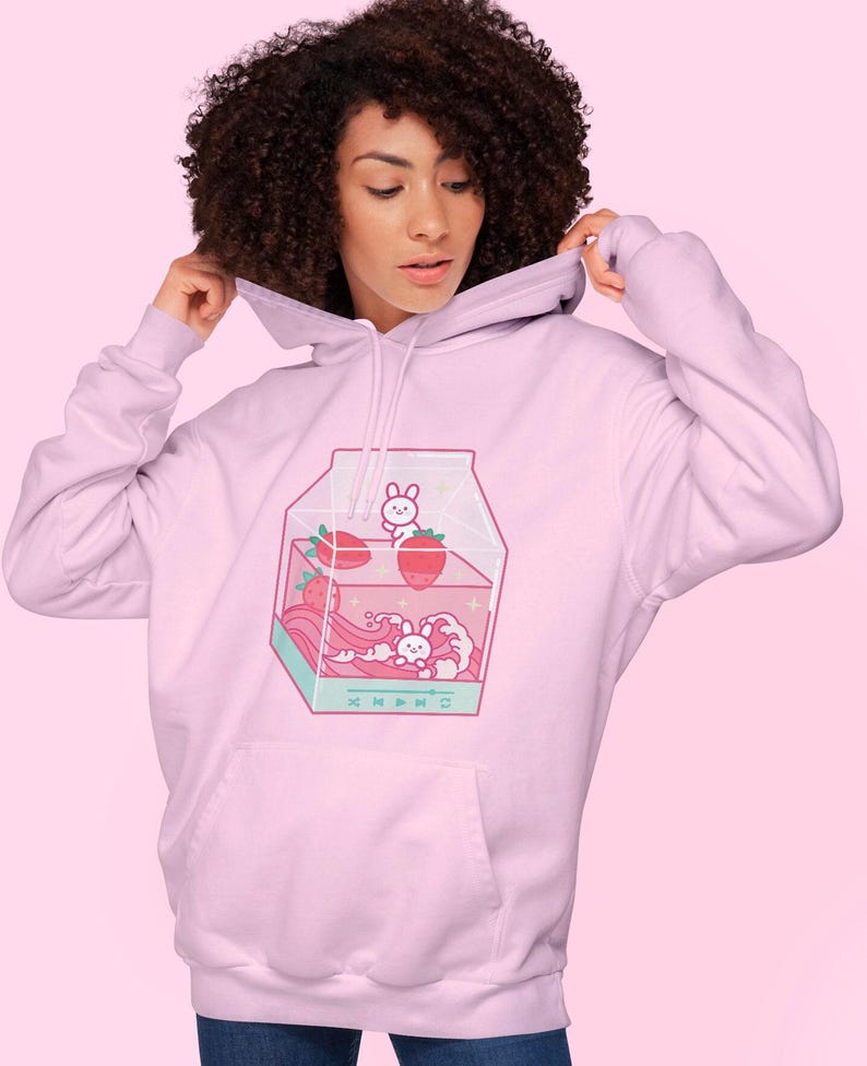 Strawberry Milk Hoodie, Harajuku Strawberry Shirt, Kawaii Anime Hoodie, Japanese Vaporwave Hoodie, Kawaii Plus Size Clothing image 1