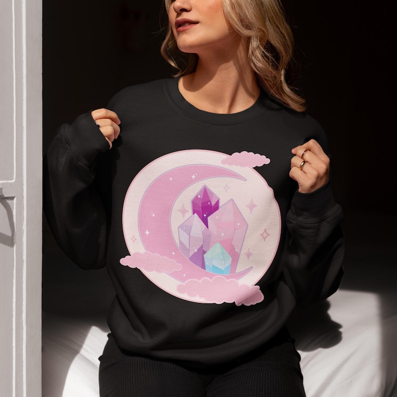Pink Crescent Moon Sweater, Yume Kawaii Sweatshirt, Pastel Goth Clothing, Harajuku Shirt, Cute Kawaii Clothes, Pink Kawaii Shirt zdjęcie 7