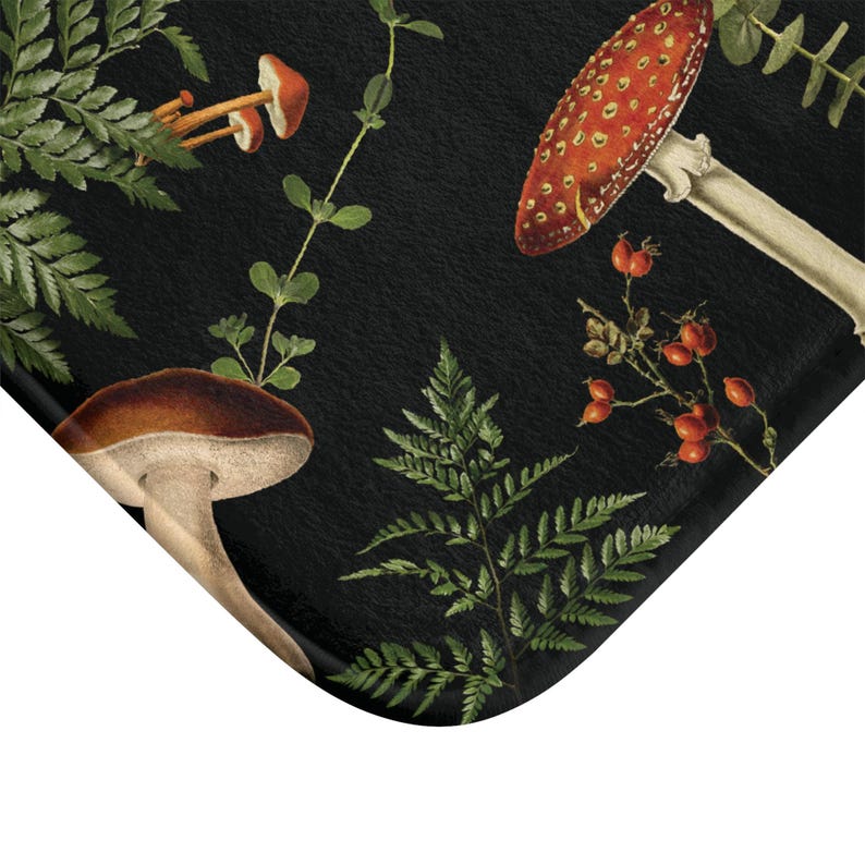 Mushroom Cute Bath Mat, Dark Academia Boho Bath Mat, Dark Cottagecore Shower Mat, Goblincore Botanical Floral Mat, Woodland Forestcore Rug Bild 3