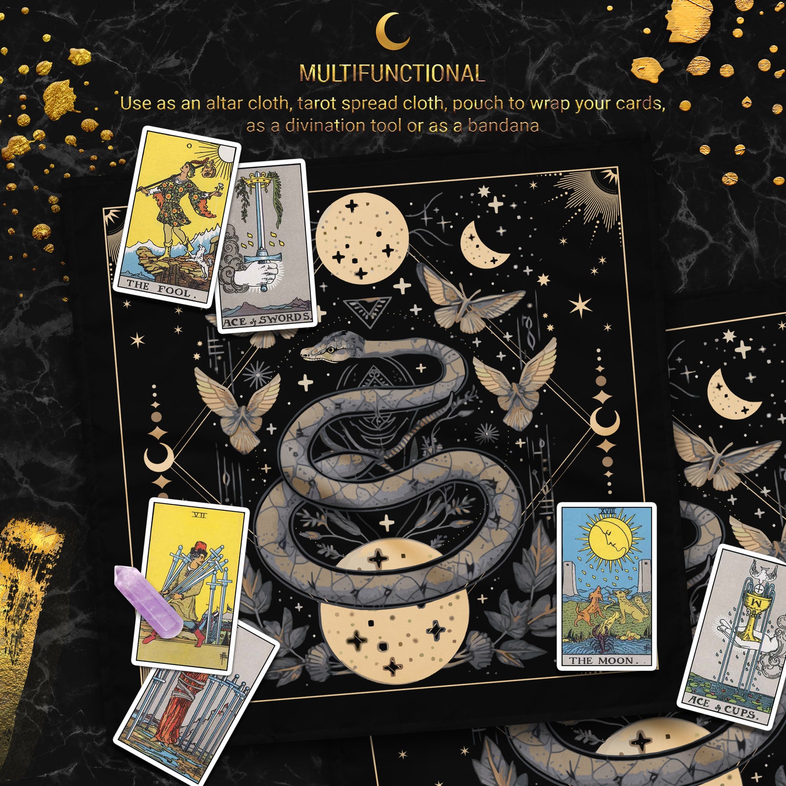 Celestial Snake Moon Phases Floral Altar Cloth, Oracle Academia Pagan ...