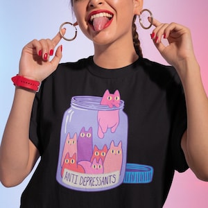 Harajuku Cat Pastel Goth Shirt, Pastel Goth Clothing, Mental Health Anxiety Shirt, Cryptid Shirt, Kawaii Clothes, Kawaii Creepy Cute Shirt image 1