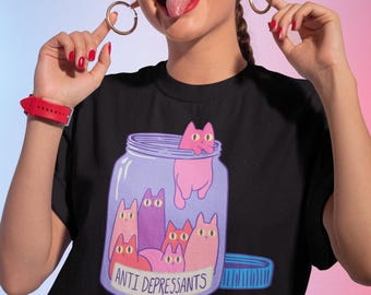 Chemise gothique pastel chat Harajuku, vêtements gothiques pastel, chemise anxiété liée à la santé mentale, chemise cryptide, vêtements kawaii, chemise mignonne effrayante kawaii