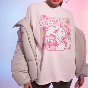 Cat with Strawberry Milk T-shirt, Funny Retro Japanese Kawaii Milk Carton, Otaku Aesthetic Anime Girl Shirt, Harajuku Pastel Goth Shirt