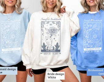 Personalized Tarot Bride and Bridesmaids Sweatshirt, Boho Crewneck Getting Ready Moon Sister Custom Name Matching Shirts for Mystical Party