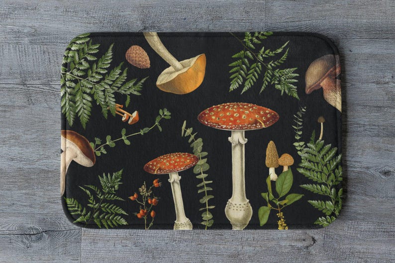 Mushroom Cute Bath Mat, Dark Academia Boho Bath Mat, Dark Cottagecore Shower Mat, Goblincore Botanical Floral Mat, Woodland Forestcore Rug Bild 5