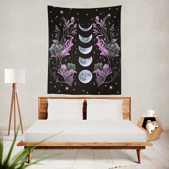 Moon Phases Witchy Tapestry Floral Pagan Altar Cloth Cottagecore Decor Celestial Gothic Tarot Black Tapestry, Botanical Flowers Wall Hanging