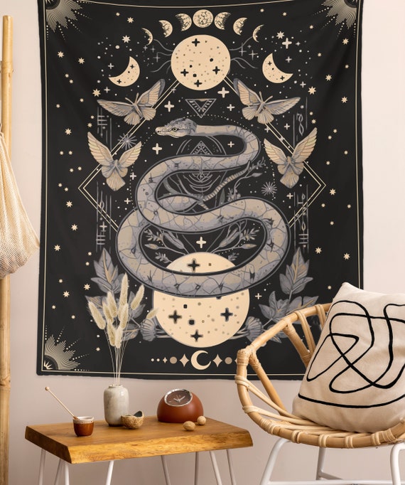 Celestial Snake Tapestry Floral Witchy Wall Hanging Art Occult Moon Phases Tapestry Academia Gothic Mystical Cottagecore Snake Decor Etsy