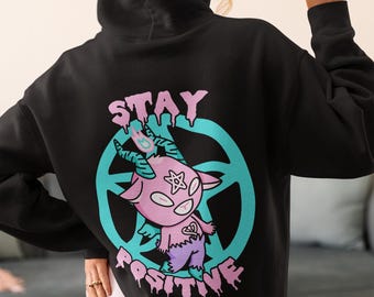 Stay Positive Baphomet Pastel Hoodie, Kawaii Goth Anime Hoodie, Mental Health Anxiety Shirt, Weirdcore Self Care Menhera Hoodie Cute Shirt