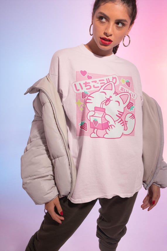 Cat with Strawberry Milk T-shirt, Funny Retro Japanese Kawaii Milk Carton, Otaku Aesthetic Anime Girl Shirt, Harajuku Pastel Goth Shirt