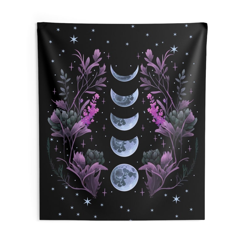 May include: A black tapestry with a floral design and a series of moons in different phases. The moons are a light blue color and the flowers are purple and green.