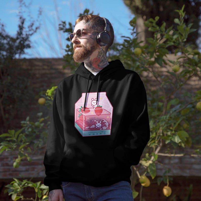 Strawberry Milk Hoodie, Harajuku Strawberry Shirt, Kawaii Anime Hoodie, Japanese Vaporwave Hoodie, Kawaii Plus Size Clothing image 7