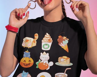 Cat Kawaii Anime Graphic T-shirt, Harajuku Aesthetic Shirt, Funny Japanese Neko Shirt, Kawaii Pancakes Boba Tea Coffee Cat Streetwear Retro