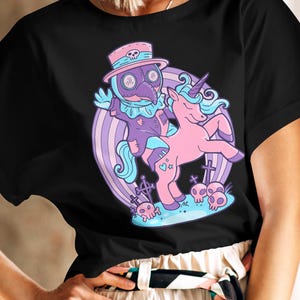 Plague Doctor on Unicorn Pastel Goth Shirt, Pastel Goth Clothing, Harajuku Shirt, Cryptid Shirt, Kawaii Clothes, Kawaii Goth Unicorn Shirt image 1