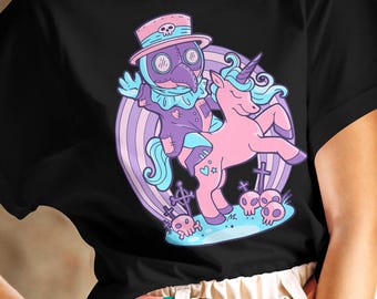 Plague Doctor on Unicorn Pastel Goth Shirt, Pastel Goth Clothing, Harajuku Shirt, Cryptid Shirt, Kawaii Clothes, Kawaii Goth Unicorn Shirt