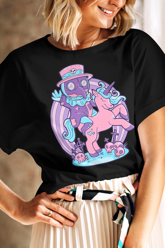 Plague Doctor on Unicorn Pastel Goth Shirt, Pastel Goth Clothing, Harajuku Shirt, Cryptid Shirt, Kawaii Clothes, Kawaii Goth Unicorn Shirt