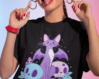 Chemise Goth pastel chat Harajuku, vêtements gothiques pastel, chemise Harajuku, chemise Cryptid, vêtements Kawaii, chemise Halloween mignonne effrayante goth Kawaii