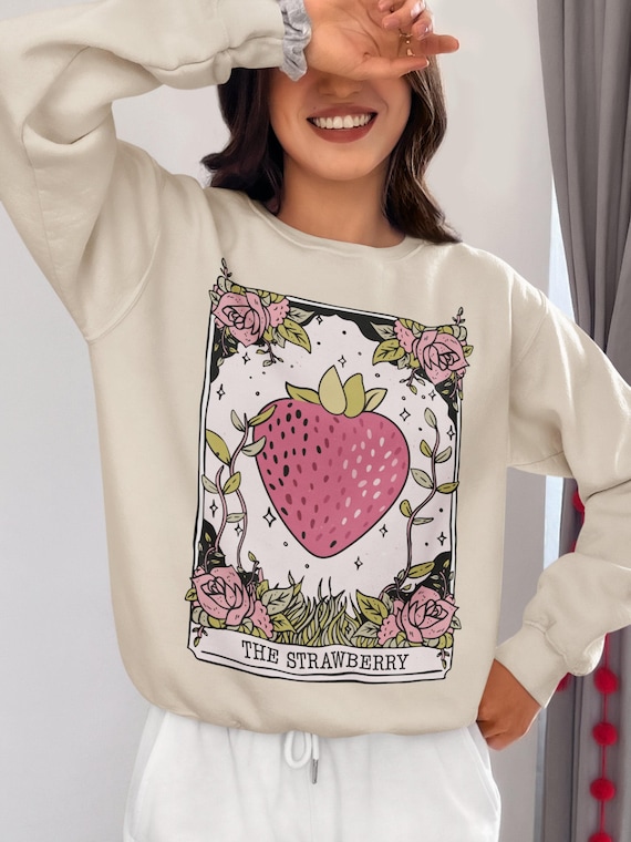 Strawberry Sweater Tarot Card Shirt, Celestial Witchy Cottagecore Clothing, Vintage Goblincore Clothes Strawberry Aesthetic Academia Shirt