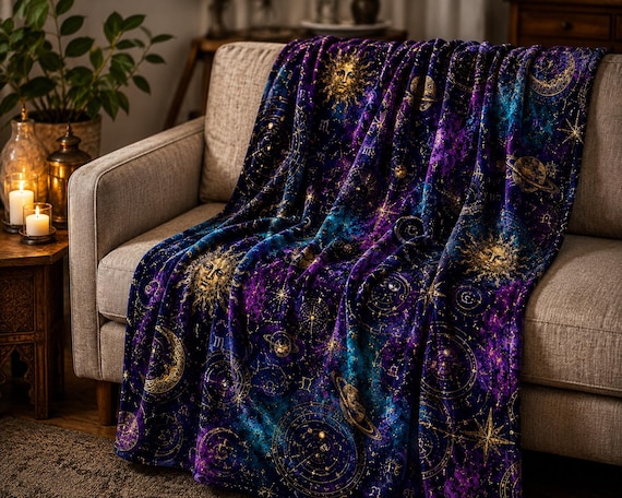 Whimsigoth Celestial Velvet Throw Blanket Astrology Zodiac Moon and Stars Blanket, Purple Witchcore Decor Gothic Couch Blanket Cozy Gift