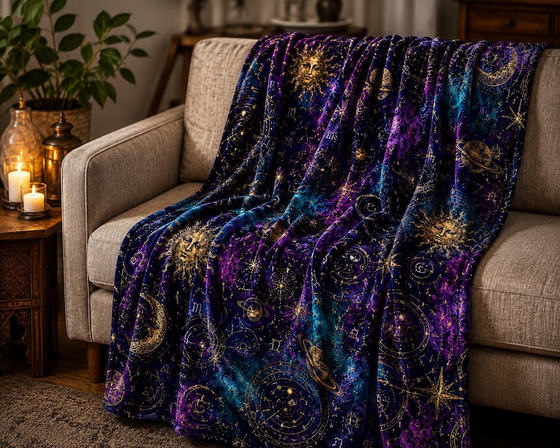 May include: A plush throw blanket featuring a deep purple and blue galaxy background with a repeating gold celestial pattern. The design includes detailed illustrations of suns, crescent moons, planets with rings, and various star constellations.