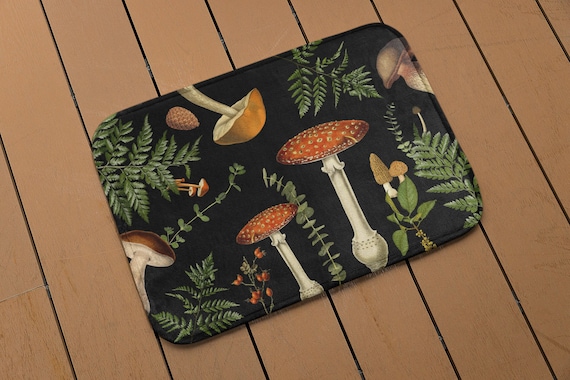 Mushroom Cute Bath Mat, Dark Academia Boho Bath Mat, Dark Cottagecore Shower Mat, Goblincore Botanical Floral Mat, Woodland Forestcore Rug