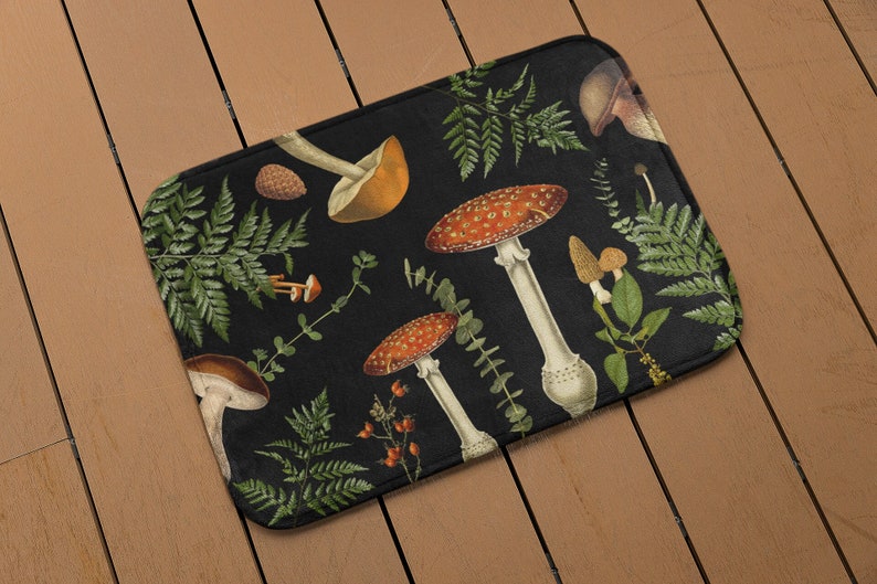 Mushroom Cute Bath Mat, Dark Academia Boho Bath Mat, Dark Cottagecore Shower Mat, Goblincore Botanical Floral Mat, Woodland Forestcore Rug Bild 1