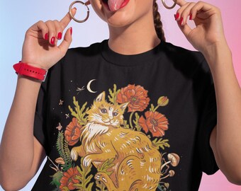 Retro Cat Shirt, Cottagecore Cat Shirt, Cat Lover Gift, Cat Mom Dark Academia Shirt, Light Academia Art Shirt, Retro Cat Botanical Shirt