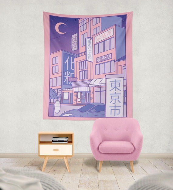Pastel Pink Moon Japanese Tapestry Anime Tapestry Pink Kawaii Wall Tapestry Cute Kawaii Wall Decor Kawaii Room Decor Vaporwave City Etsy