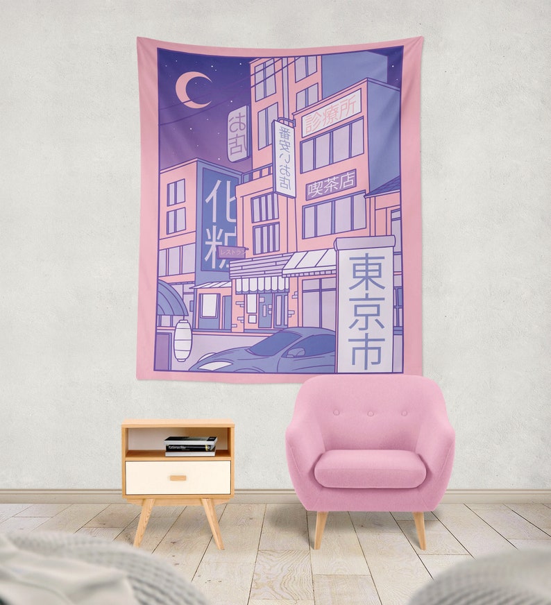 Pastel Pink Moon Japanese Tapestry, Anime Tapestry, Pink Kawaii Wall Tapestry, Cute Kawaii Wall Decor, Kawaii Room Decor, Vaporwave City image 1