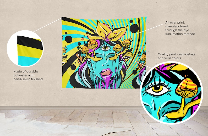 May include: A psychedelic tapestry featuring a blue-skinned woman with a third eye and mushrooms growing from her head. The background is a vibrant yellow and blue swirl pattern.