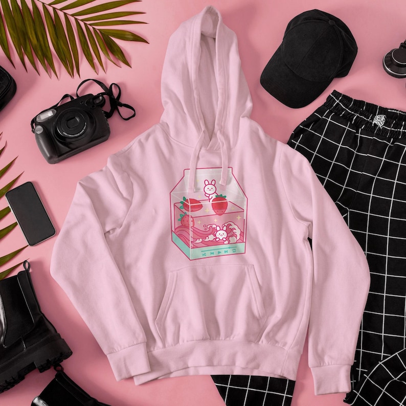 Strawberry Milk Hoodie, Harajuku Strawberry Shirt, Kawaii Anime Hoodie, Japanese Vaporwave Hoodie, Kawaii Plus Size Clothing image 3