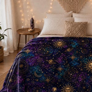 Whimsigoth Celestial Velvet Throw Blanket Astrology Zodiac Moon and Stars Blanket, Purple Witchcore Decor Gothic Couch Blanket Cozy Gift image 3