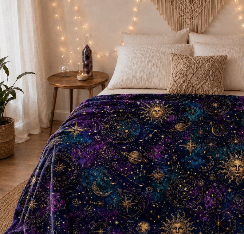 Whimsigoth Celestial Velvet Throw Blanket Astrology Zodiac Moon and Stars Blanket, Purple Witchcore Decor Gothic Couch Blanket Cozy Gift image 3
